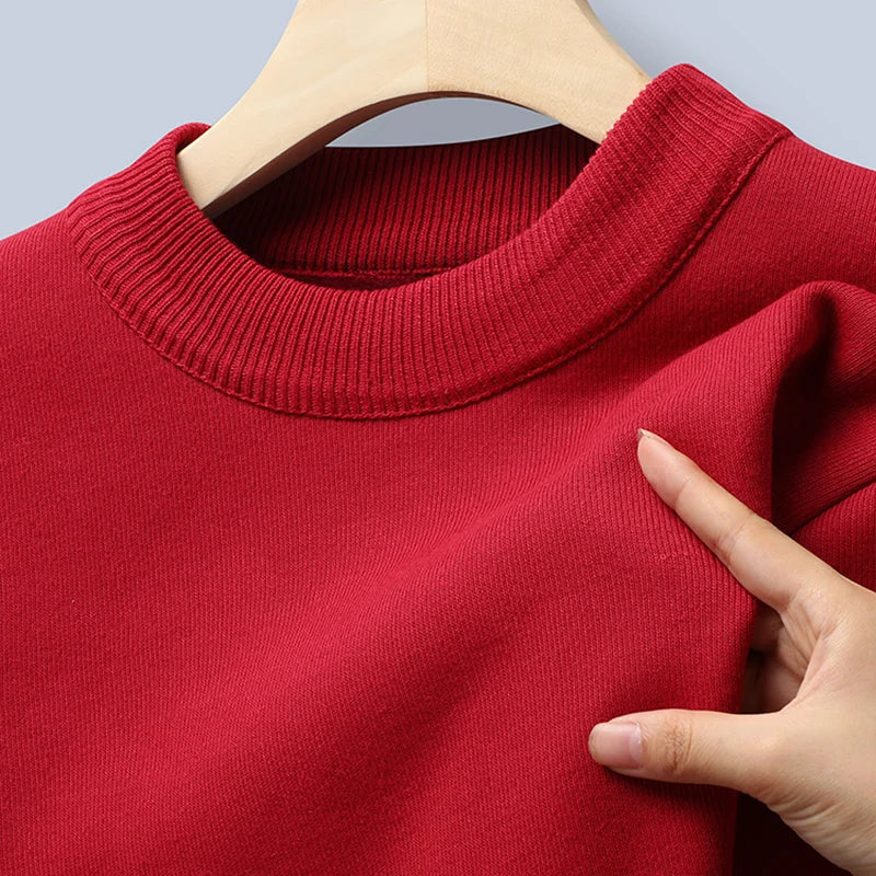 Winter New Men's Knitted Sweater with A Half High Collar Solid Color Plush and Warm Knitted Lining Top Casual and Versatile Top