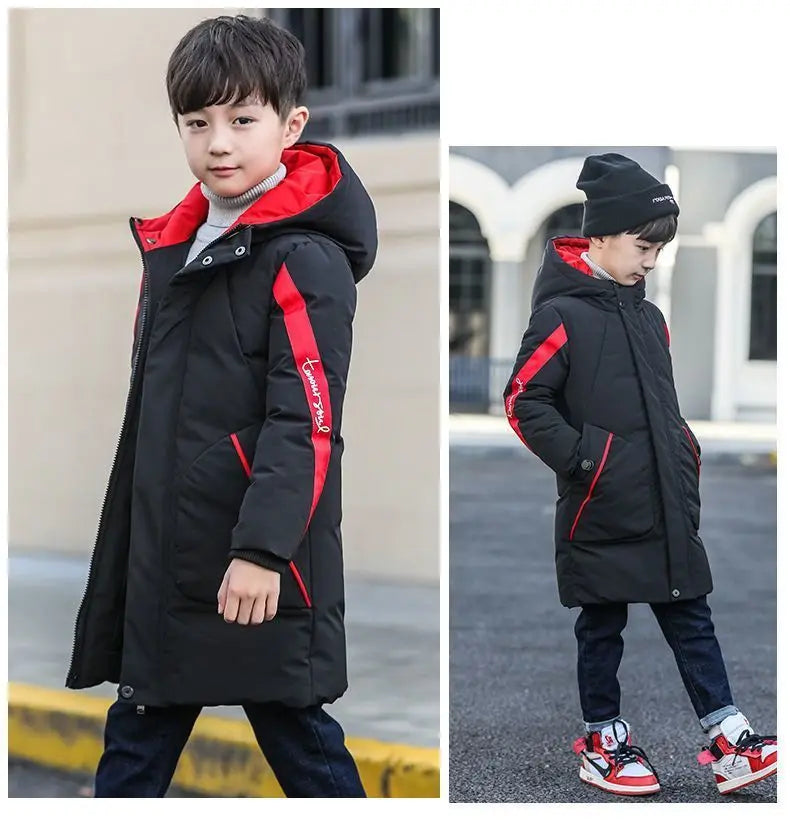 2025 Boys down Winter Thick Coat Teen Parka Children Plus Velvet Warm Jackets Fashion Hooded Outwear Kids Clothes 4 8 10 12 year