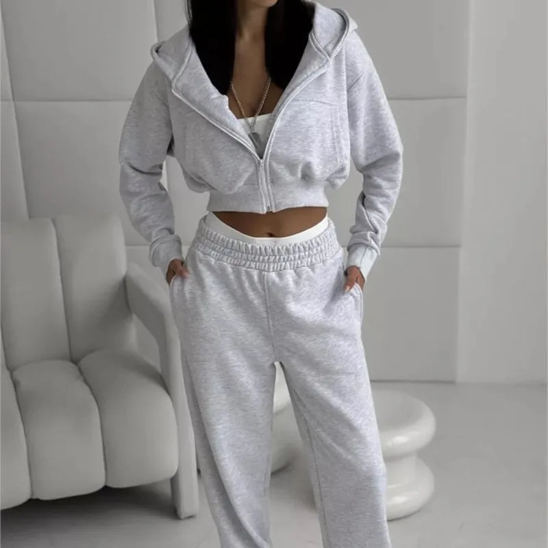 2025 New Women's Casual Long Sleeve Hooded Cropped Zip-Up Cardigan & Drawstring Sweatpants Two-Piece Active Lounge Set