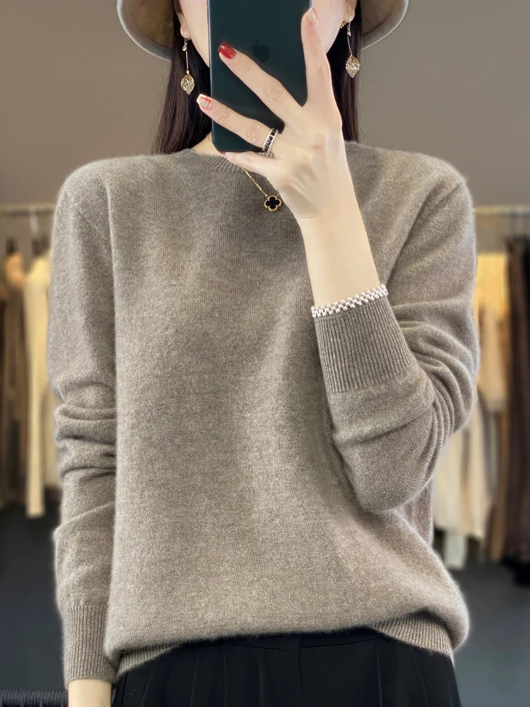 Autumn Winter Women Clothing Pullover New Fashion 100% Merino Wool Sweater Cashmere Tops Basic O-Neck Long Sleeve Knitwear