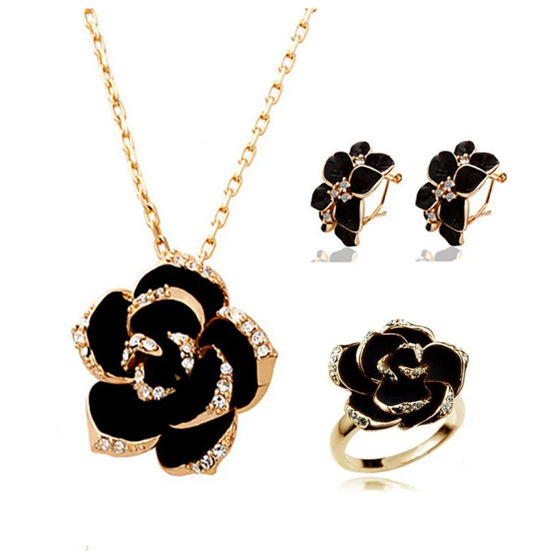 Fashion Rose Flower Enamel Jewelry Set Rose Gold Color Black Painting Bridal Jewelry Sets for Women Wedding