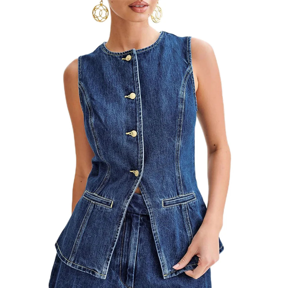 Women's Vintage Denim Casual Long Vest Tops Button-up Back Slit Sleeveless Pocket Slim Fits Waistcoat y2k Clothes Streetwear