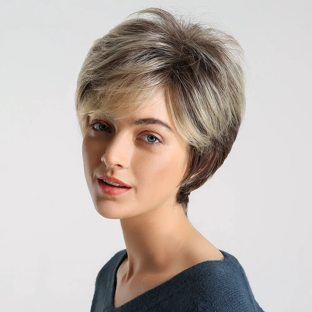 Short Pixie Cut Synthetic Wigs For Women Brown Mixed Blonde Wigs With Bangs Natural Looking Daily Use Hair Heat Resistant Fiber