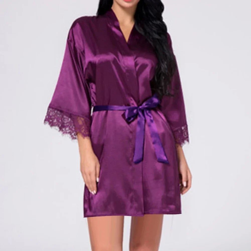 Fabric Women Sleepwear Pajamas High Quality Practical Women Sleepwear Belt Bride Dressing Kimono Lace Ladies Fashion