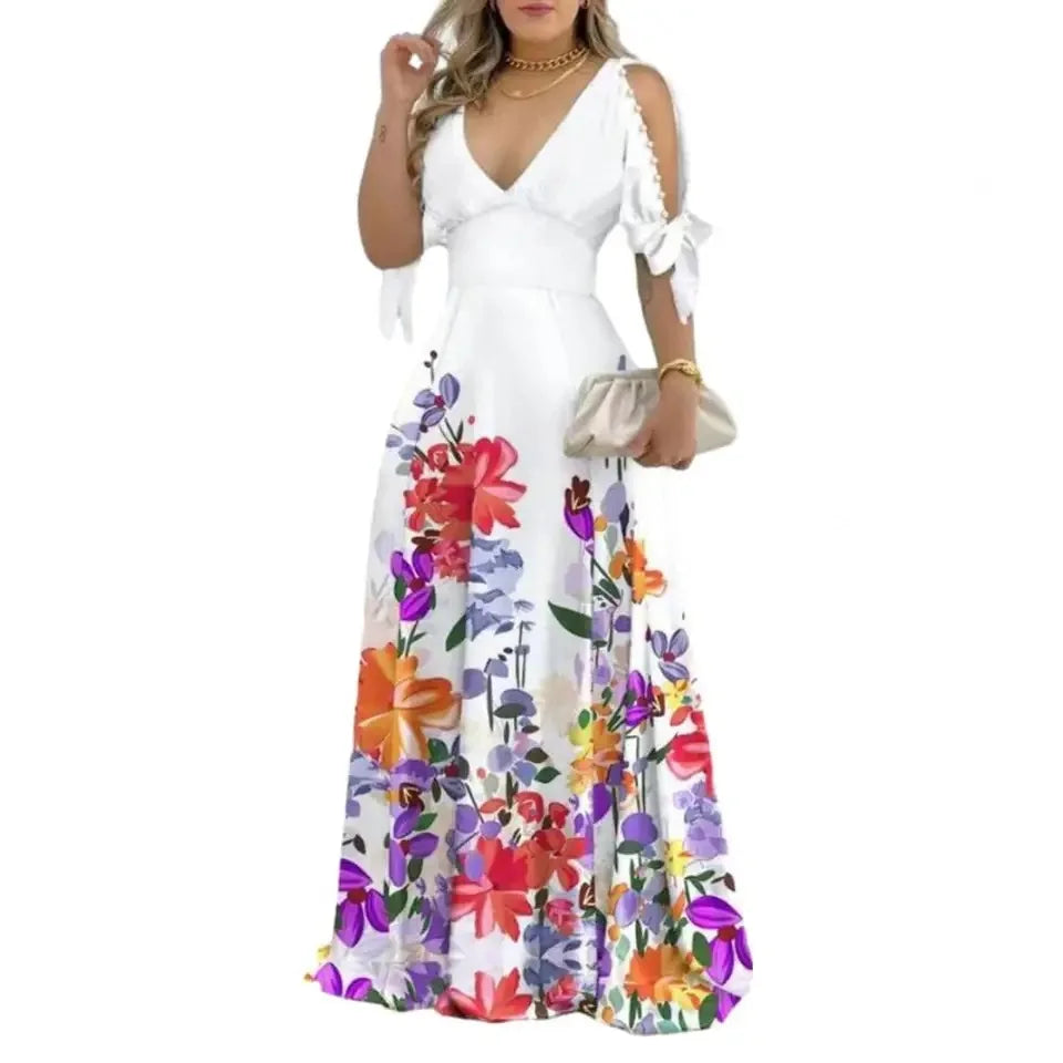 2024 Summer Elegant Women Sexy V Neck Bohemian Long Dress Floral Print Party Dress Tie-up Short Sleeve Hollow Maxi Dresses