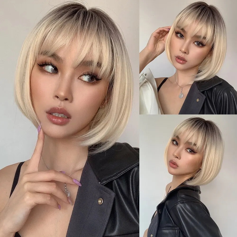 Short Pixie Cut Synthetic Wigs For Women Brown Mixed Blonde Wigs With Bangs Natural Looking Daily Use Hair Heat Resistant Fiber