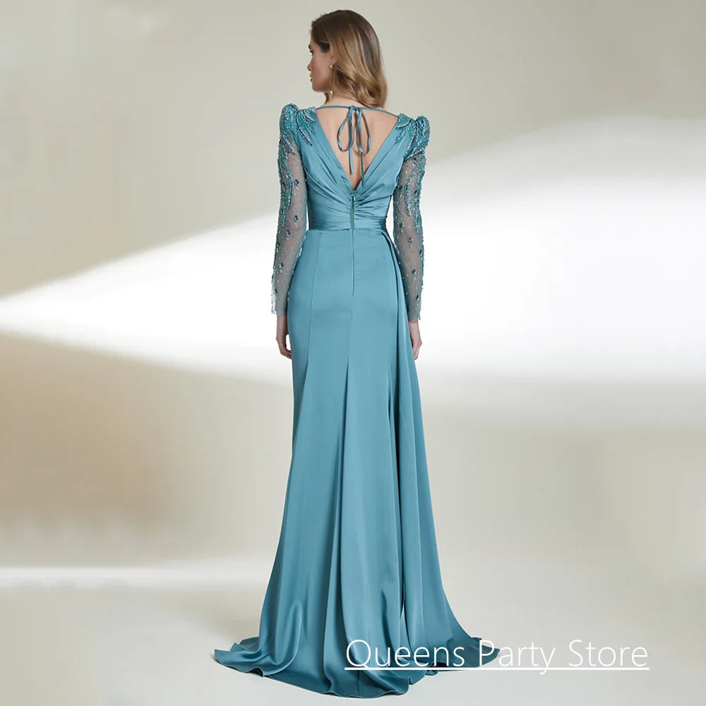Dancing Evening Dress Customized V Neck Long Sleeves Pleat Beading Sequined High Split Formal Prom Gown Arabian Party Dresses