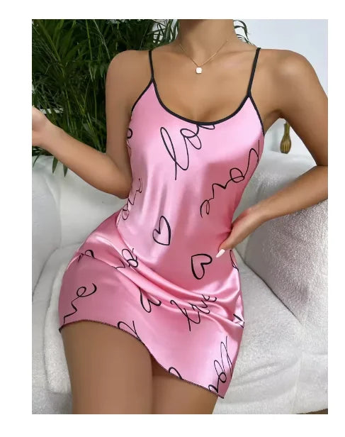 Sleepwear Women's Sexy Lingerie Heart Print Nightdress Scoop Neck Criss Cross Back Sleepdress Nightgowns Pajamas Nighties