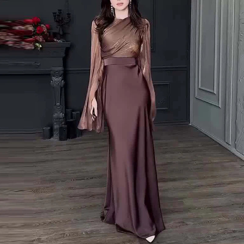Women Fashion O-neck Hight Waist Long Dress Sexy Split Long Sleeve Solid Party Dress Elegant Mesh Patchwork Satin Evening Dress