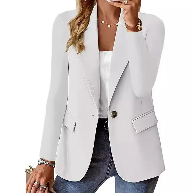 Women's Long Sleeve Blazers, Simple Button Pocket, White, Office, Commuter, Monochromatic, New