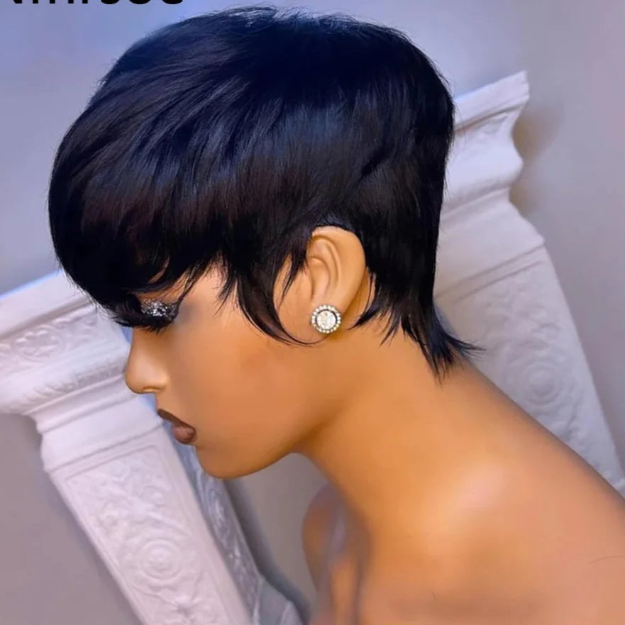 Short Bob Pixie Cut Wig Straight Bob Wigs Human Hair For Women With Bangs Brazilian Virgin Human Hair Wigs Non Lace Front Wig
