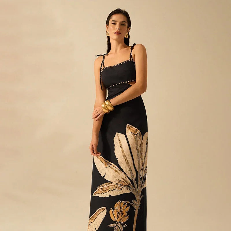 Chic Printed Backless Halter Dress Lace Up Slimming Maxi Dresses High Waist Party Robes 2025 New Lady Vacation Party Clothing