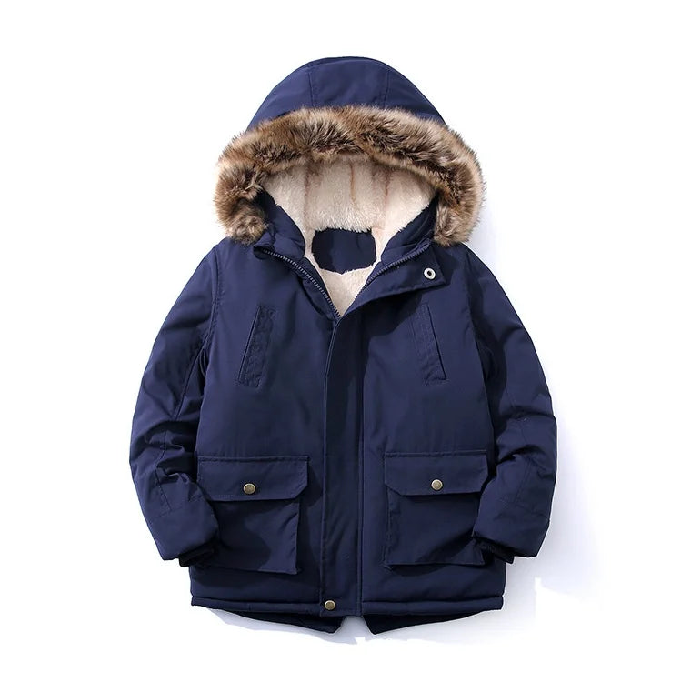 Children's down jacket new winter boys' and girls' Plush warm medium length jacket hooded large wool collar cotton padded jacket