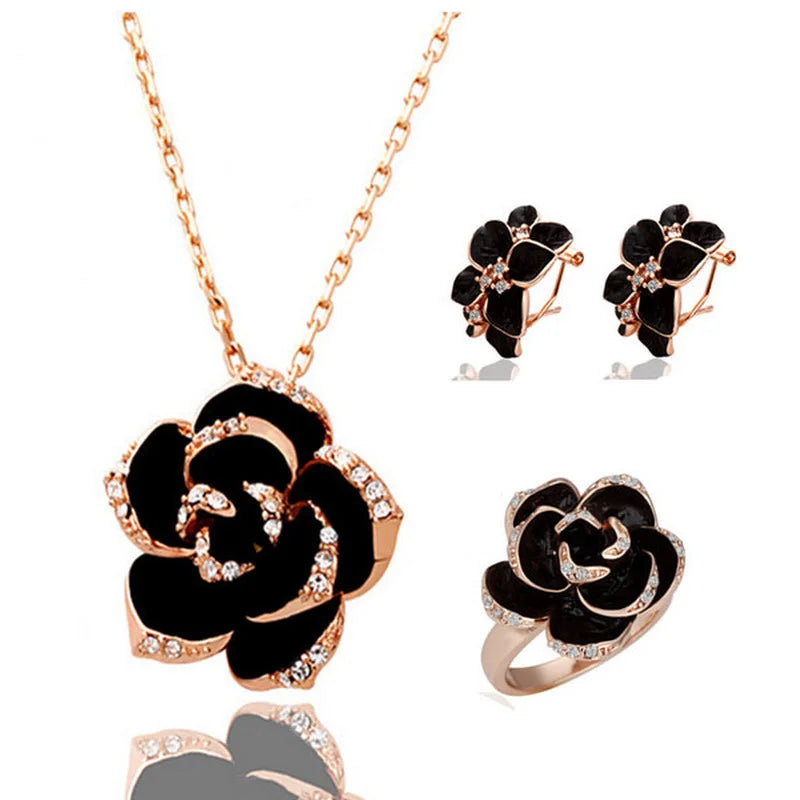 Fashion Rose Flower Enamel Jewelry Set Rose Gold Color Black Painting Bridal Jewelry Sets for Women Wedding