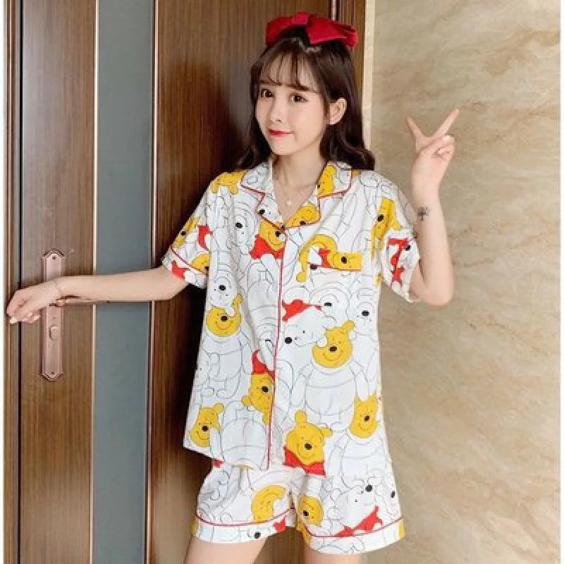 Cute Women's Summer Pajamas Set Cartoon Hello Kitty Nightgown Loose Soft Sleep Tops Short Sleeve Sweet Girls Sleepwear Clothes