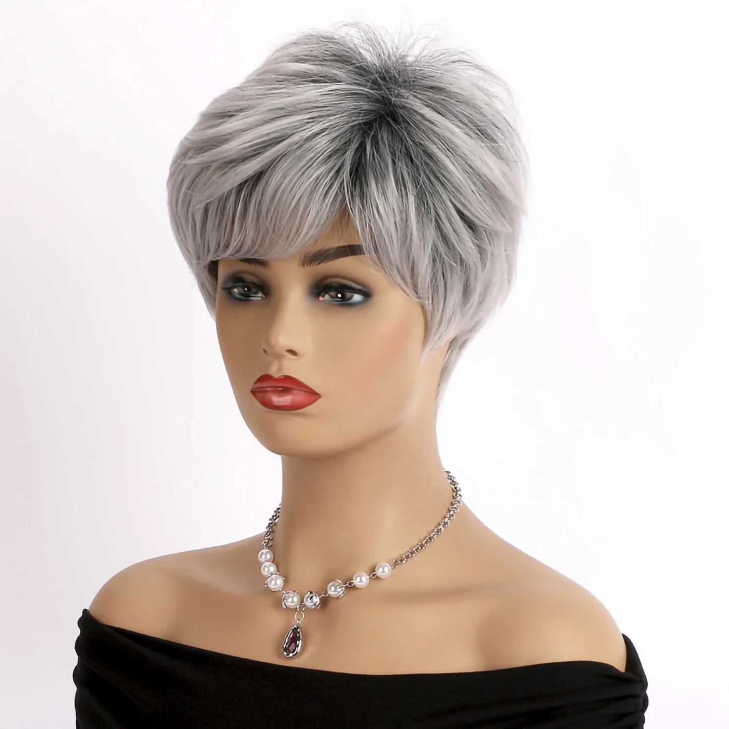 Short Grey Wigs for Women Gray White Pixie Cut Wigs with Dark Root Layered Synthetic Short Hair Wigs Natural Looking