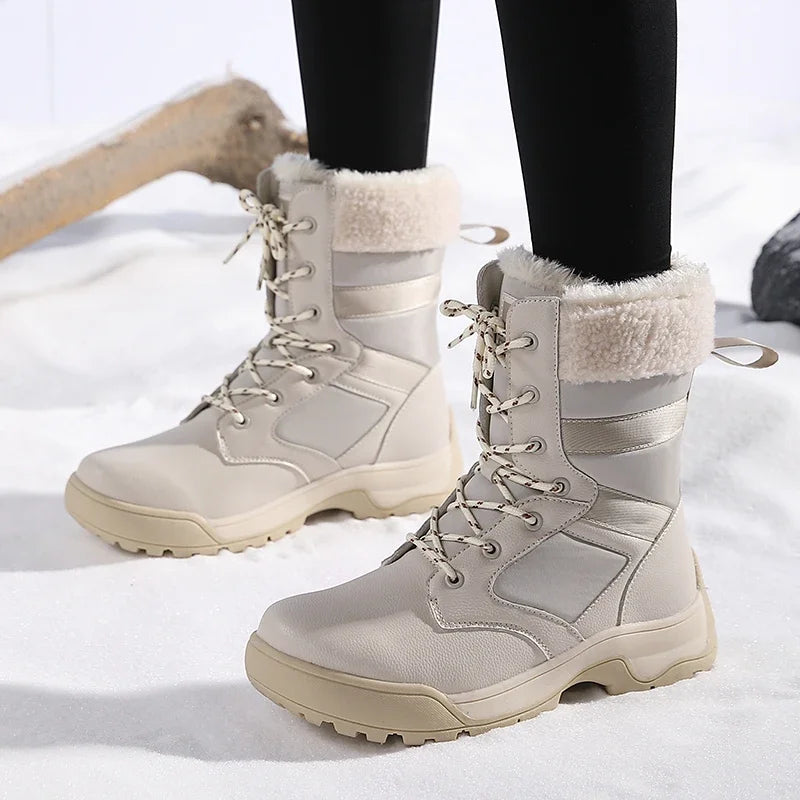 Winter Snow Boots for Both Men and Women, Mid-top PU Leather with Fleece, Warm, Flat and Anti-slip Hiking and Outdoor Boots