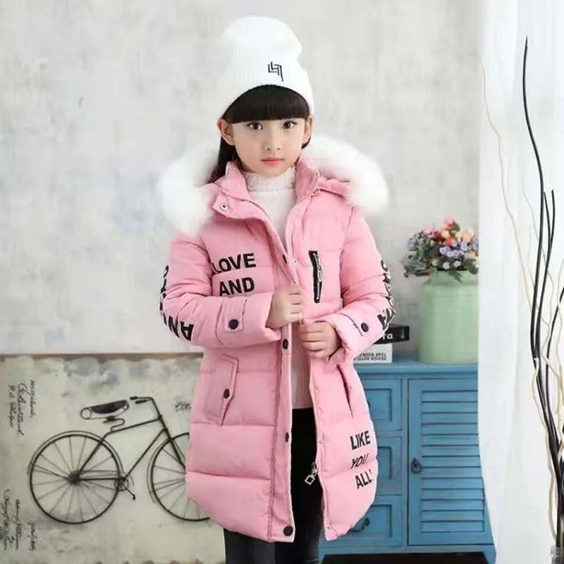 2024 Winter Warm Jackets for Girls Fashion Fur Hooded Children Girls Waterproof Outwear Kids Cotton Lined Parkas