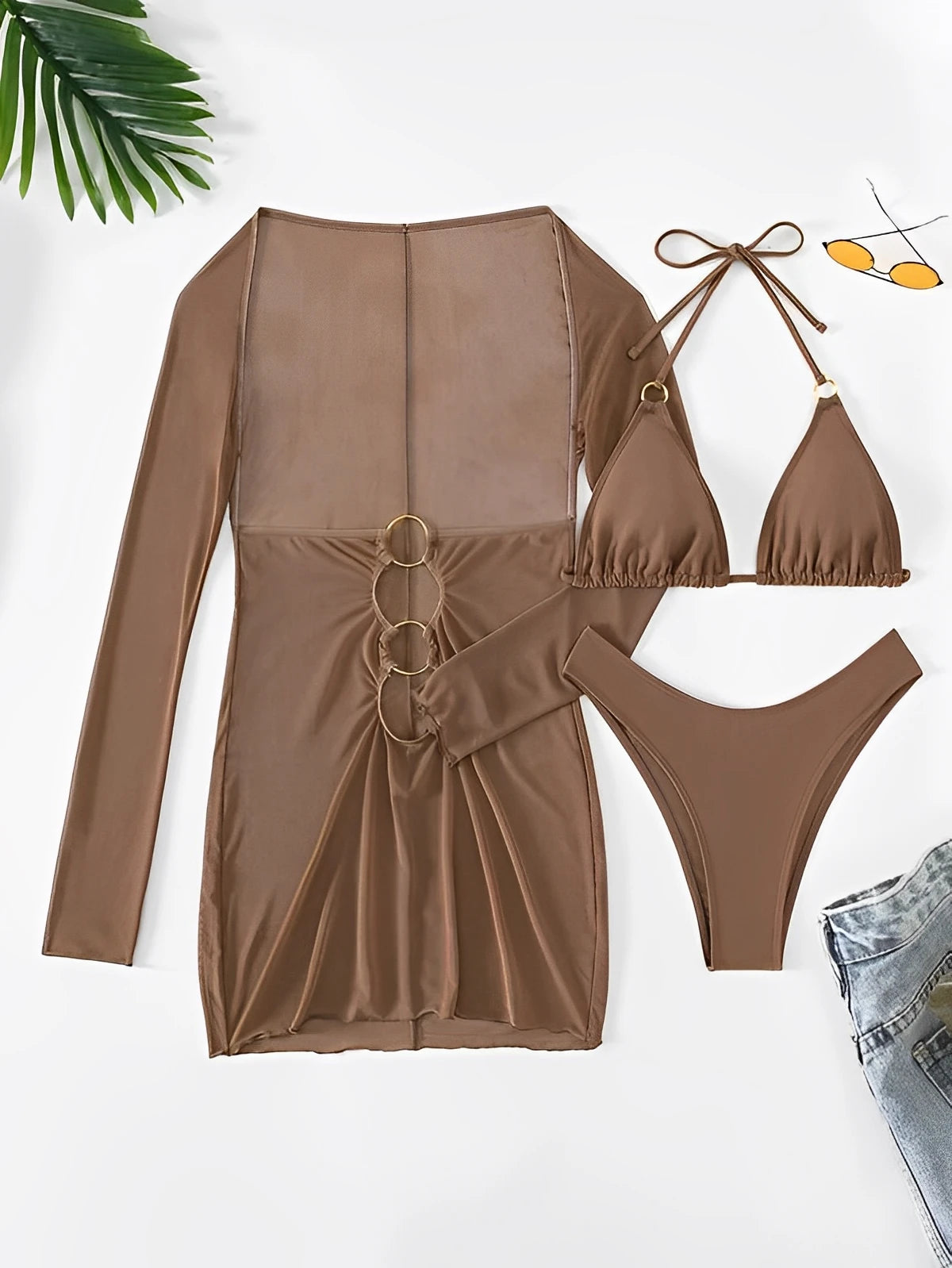 3 Pieces Ring Link Bikini 2025 Women Triangle Swimwear Female Halter Swimsuit Solid Beachwear Bathing Swimming Suit Summer