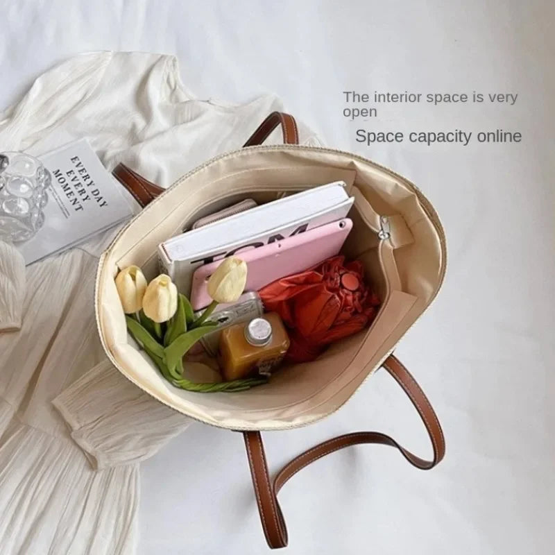 2025 New Beach Seaside Handbag Women's Summer Straw Bag Inswind Outdoor Travel Vacation Beach Bag Large Capacity Shoulder Bag