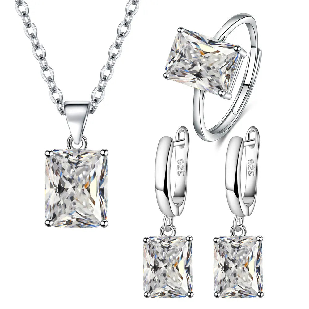 925 Sterling Silver Elegant Jewelry Sets Ring Earrings Necklace For Women Rectangle Geometry Zircon Wedding Accessories