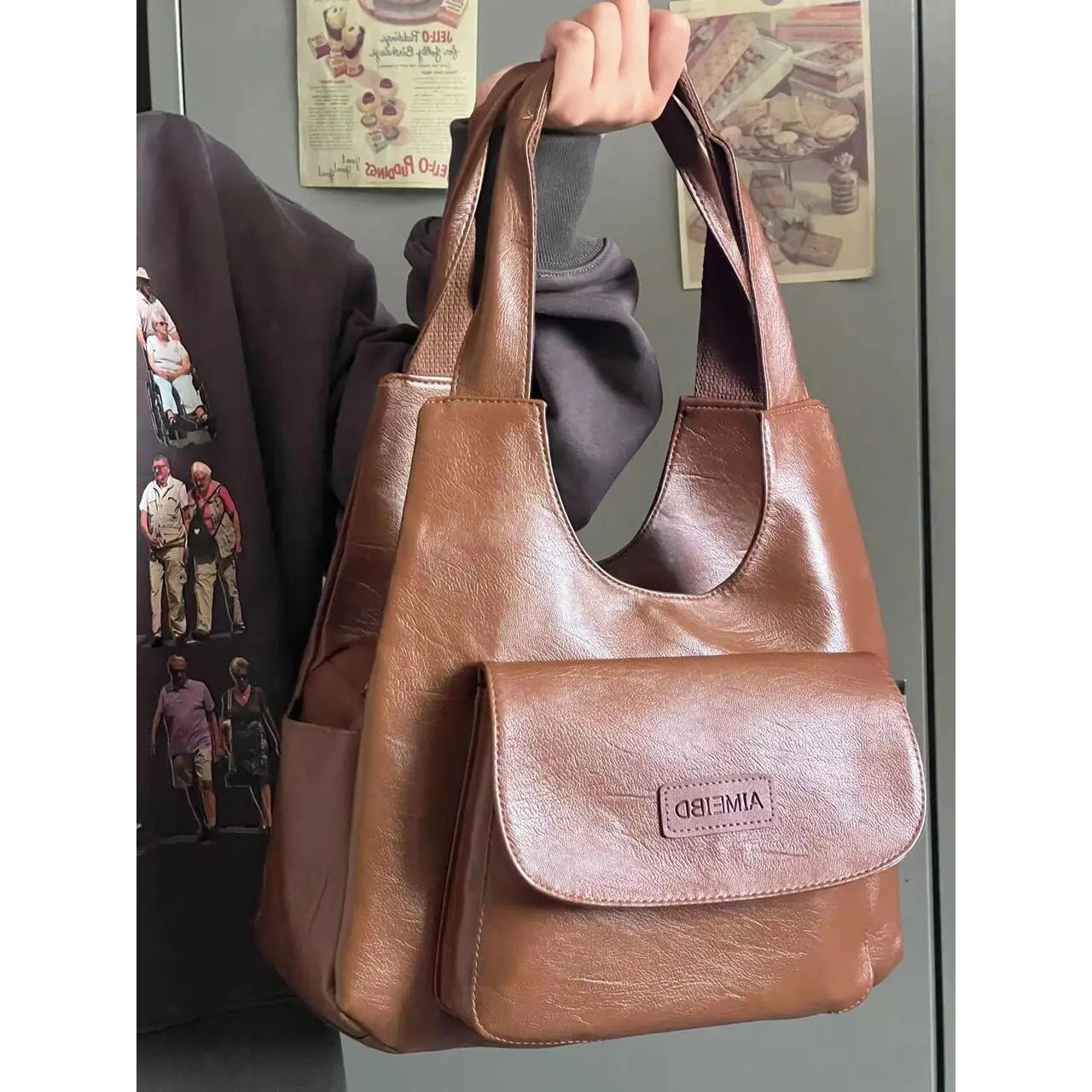 American Retro Tote Bags For Women Leather Handbags Trend 2024 Niche Design Brown Student Large Capacity Shoulder Hand Bag