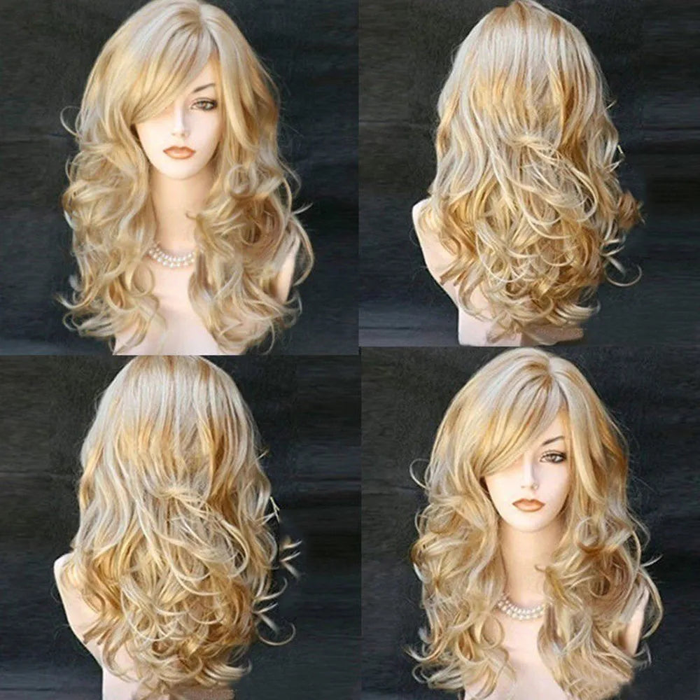 Ladies Golden Long Curly Wig Transparent Lace Front Human Hair Fashion Blonde Party Costume for Women Heat Fiber Wigs