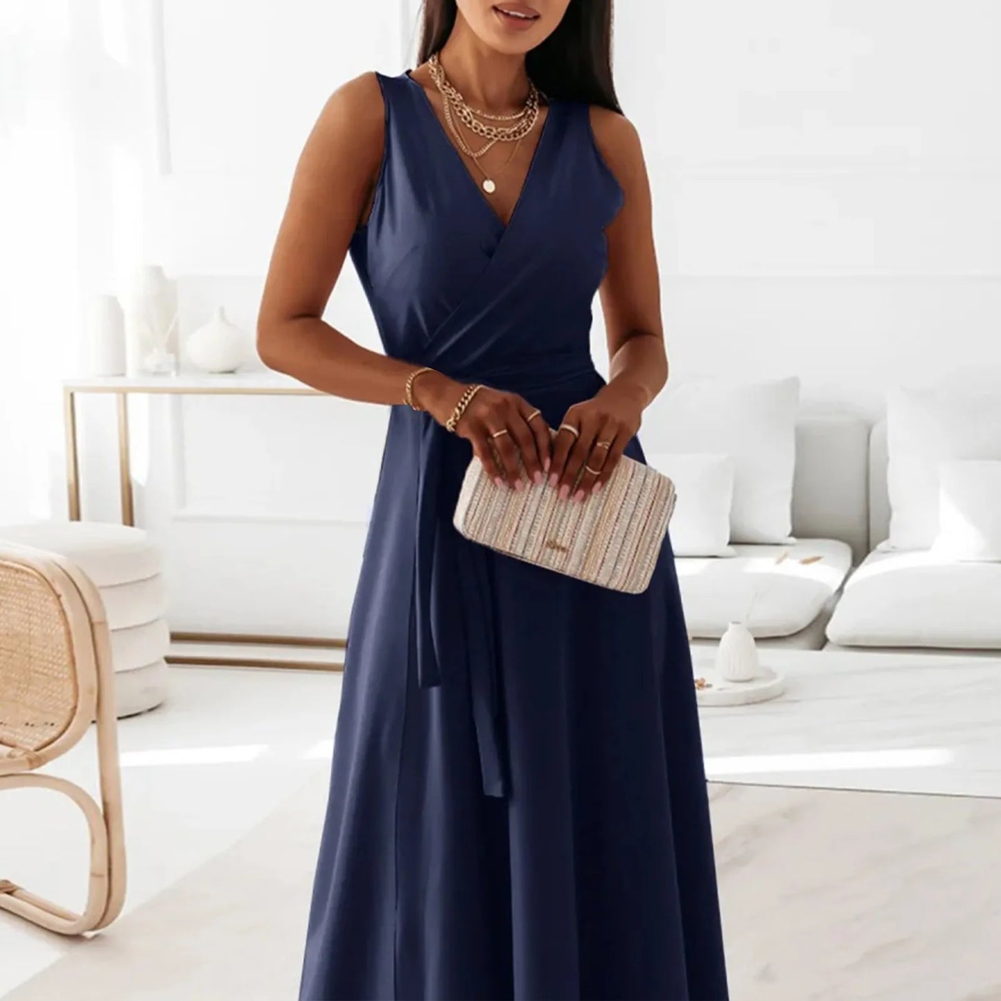 dresses for women elegant party dresses V-neck Sleeveless Belt Evening Dresses Solid Color Solid Color dress vestidos femenino