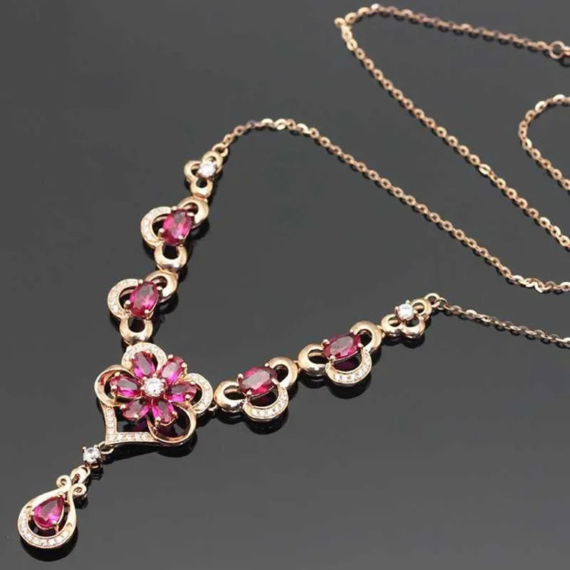 Luxury Rose Golden Elegant Flower Ruby Necklace for Women Romantic Luxury Crystal Pendant Dinner wedding Jewelry