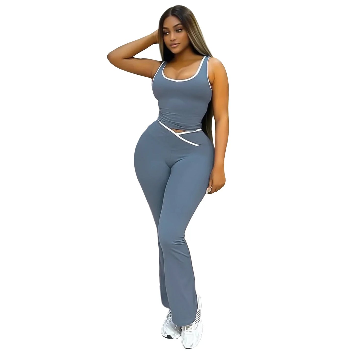 Active Wear Women 2 Piece Pants Set Sport Yoga Fitness Vest Flare Pants Outfits Summer Casual Jogging Two Piece Tracksuit
