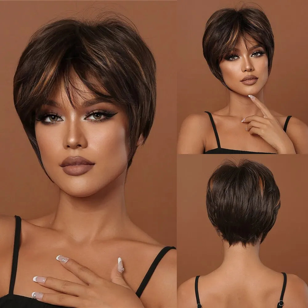 Short Pixie Cut Synthetic Wigs For Women Brown Mixed Blonde Wigs With Bangs Natural Looking Daily Use Hair Heat Resistant Fiber