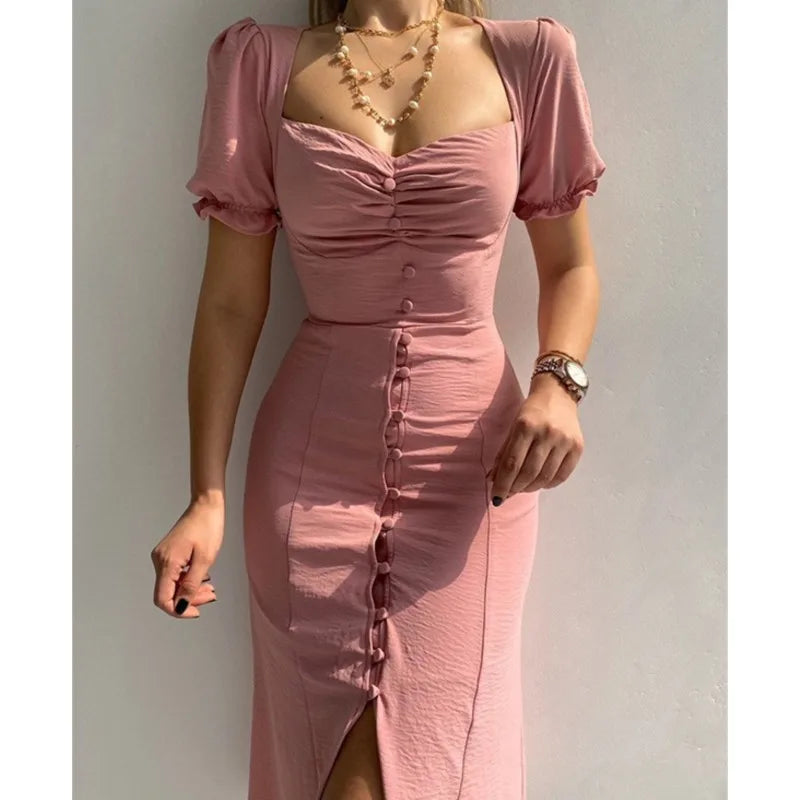 Dresses For Women 2025 Summer New V Neck Short Sleeve Single-breasted Midi Dress Elegant Holiday Casual Robes Sexy Slit Vestidos