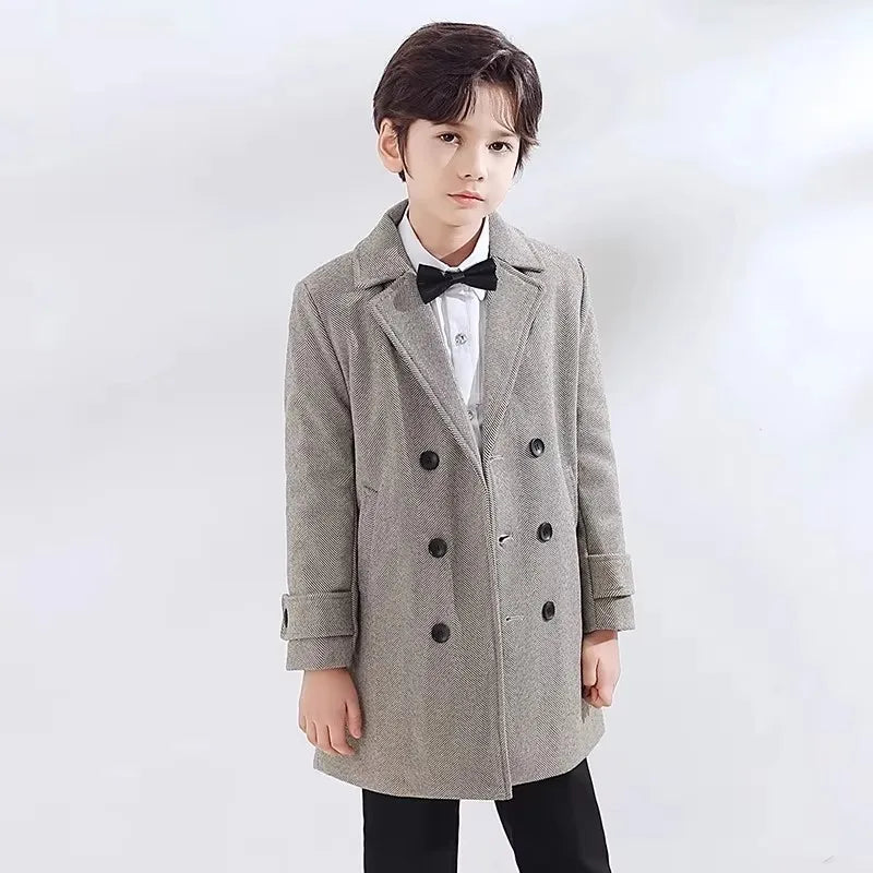 School Children Retro British Style Winter Thick Warm Wool Long Coat Boys Windproof Outdoor Jacket Kids Formal Birthday Party P