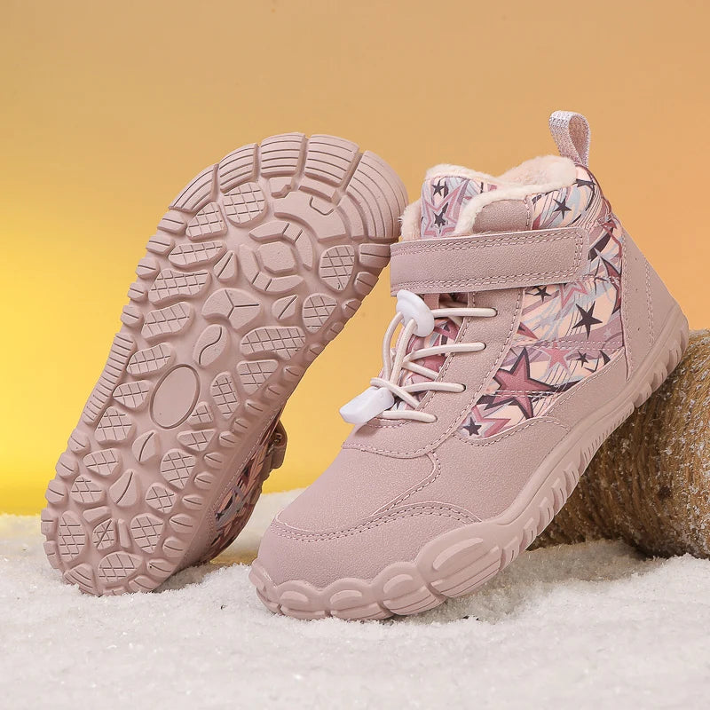 2025 Kids Barefoot Snow Boots Wide Toe Winter Insulated Waterproof Fur Lined Shoes for Boys Girls Cold Weather Outdoor Sneakers