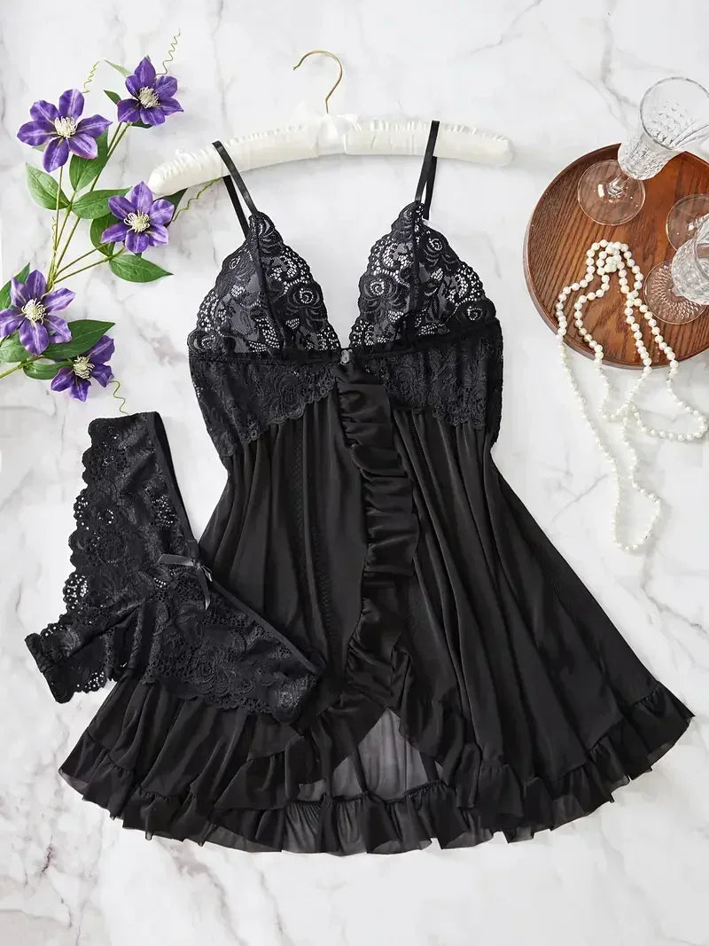 Women Nightdress Sexy Lace Chemise Bow Nightgown Sleepwear Solid Slim Soft Dresses V Neck Full Slip Sleepwear & Dresses