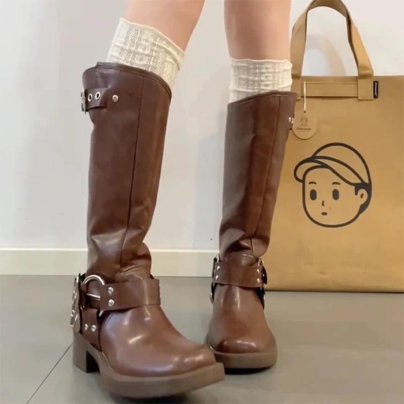 Winter Women Knee High Boots Fashion Belt buckle Long Boots Female Elegant Thick Heel Women's Knight Botties