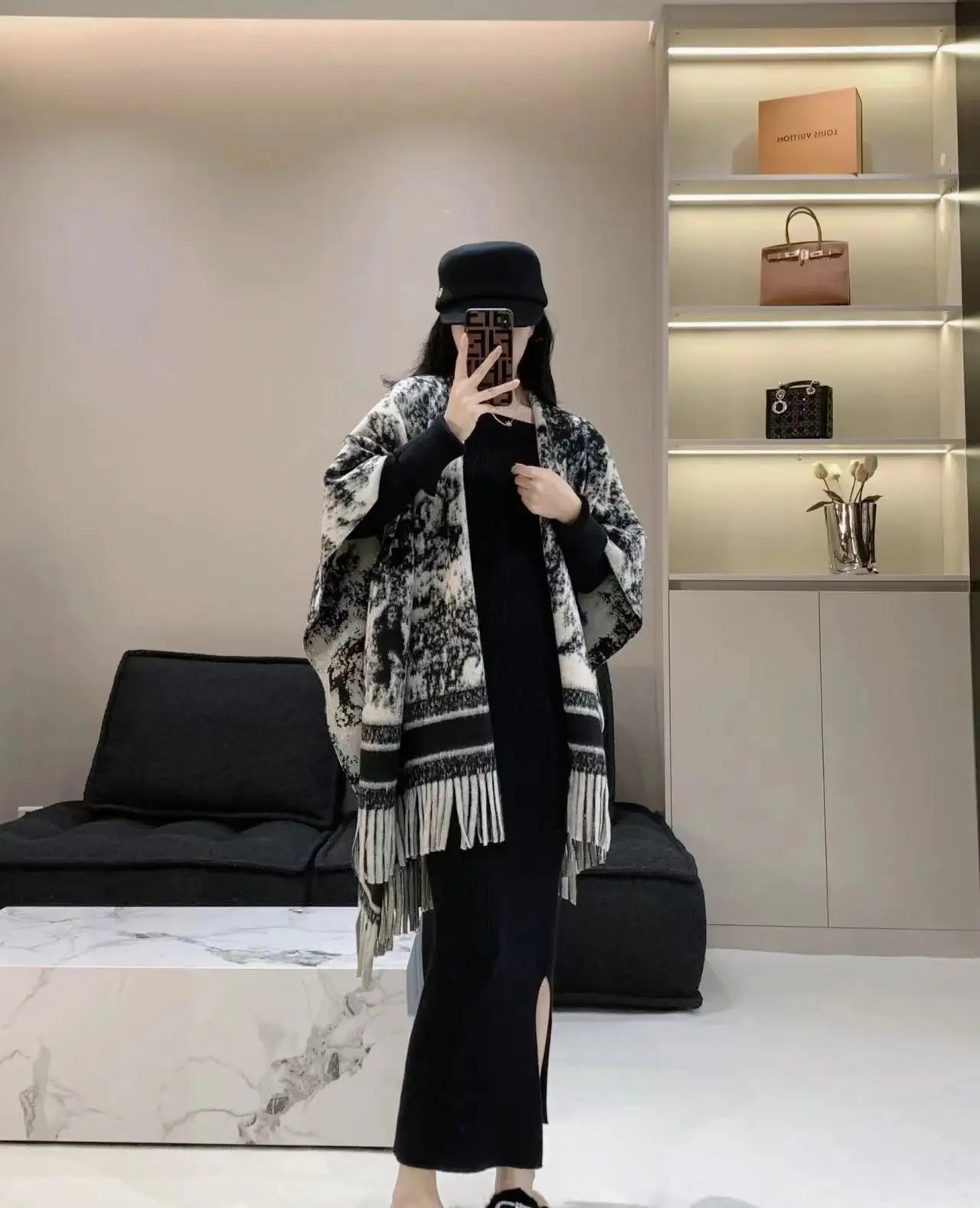 2024 Winter Women Faux Woolen Loose Tassel Shawl Capes Cashmere Wear Warm Thick Poncho Cardigan Lady Printed Plaid Blanket