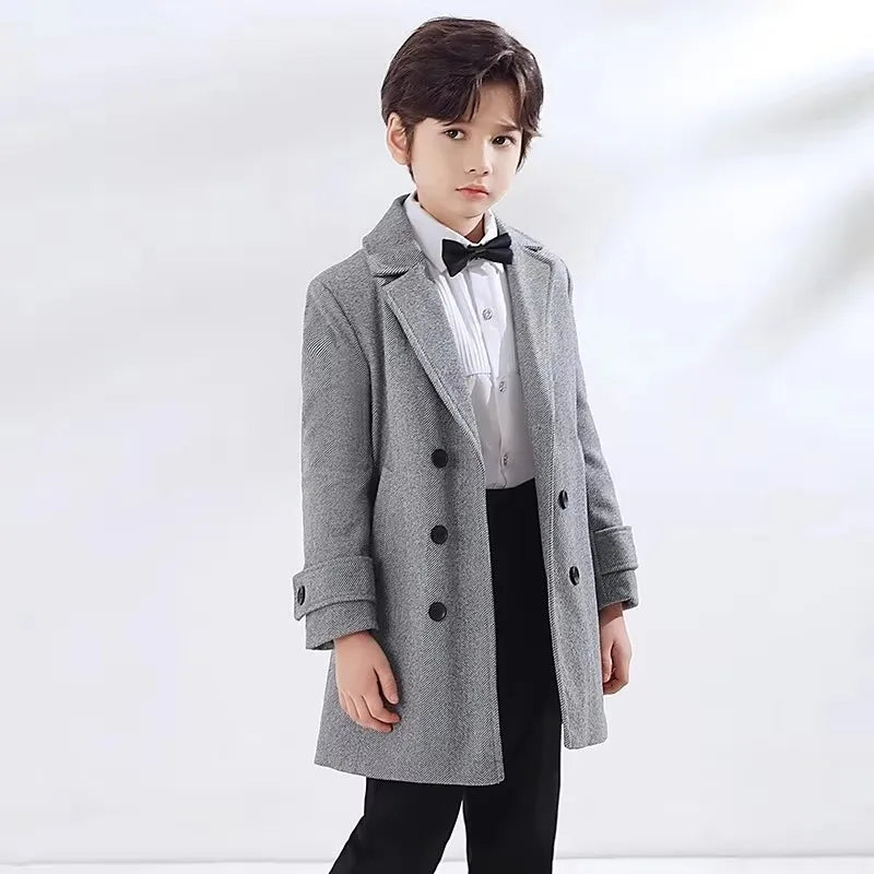 School Children Retro British Style Winter Thick Warm Wool Long Coat Boys Windproof Outdoor Jacket Kids Formal Birthday Party P