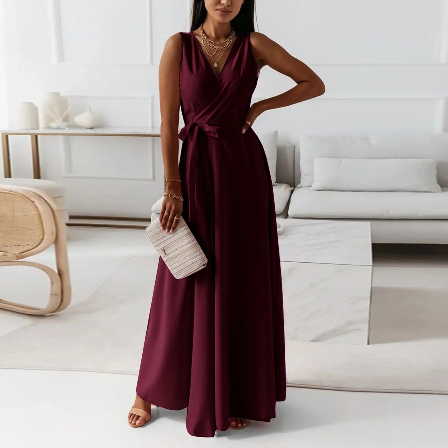dresses for women elegant party dresses V-neck Sleeveless Belt Evening Dresses Solid Color Solid Color dress vestidos femenino