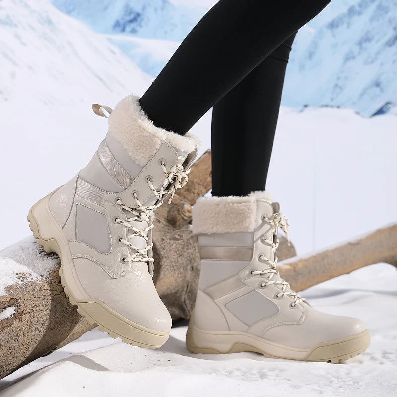 Winter Snow Boots for Both Men and Women, Mid-top PU Leather with Fleece, Warm, Flat and Anti-slip Hiking and Outdoor Boots
