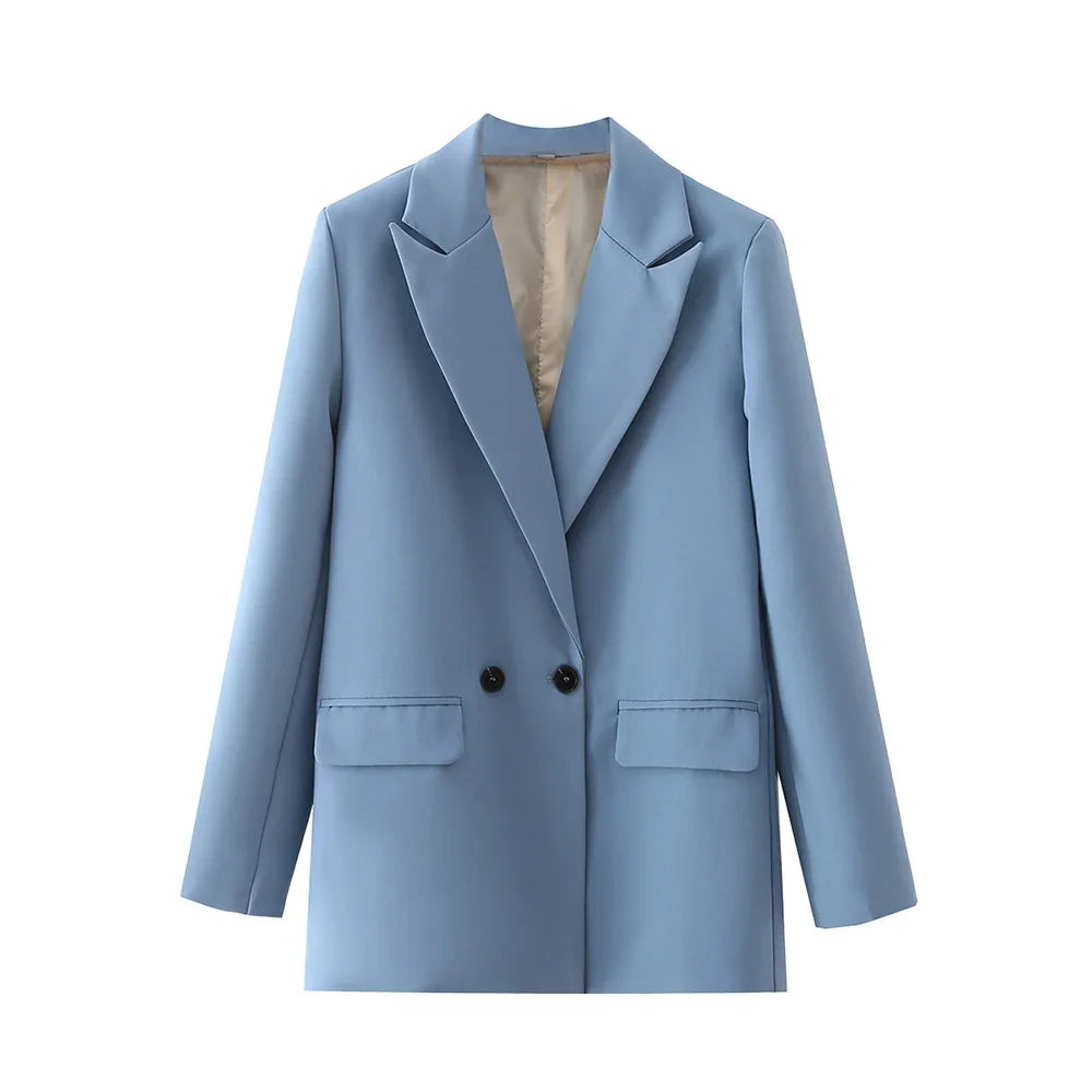 Women Black Blazer 2025 Fashion Office Wear Double Breasted Blazer Coat Vintage Long Sleeve Pockets Female Outerwear Chic Tops