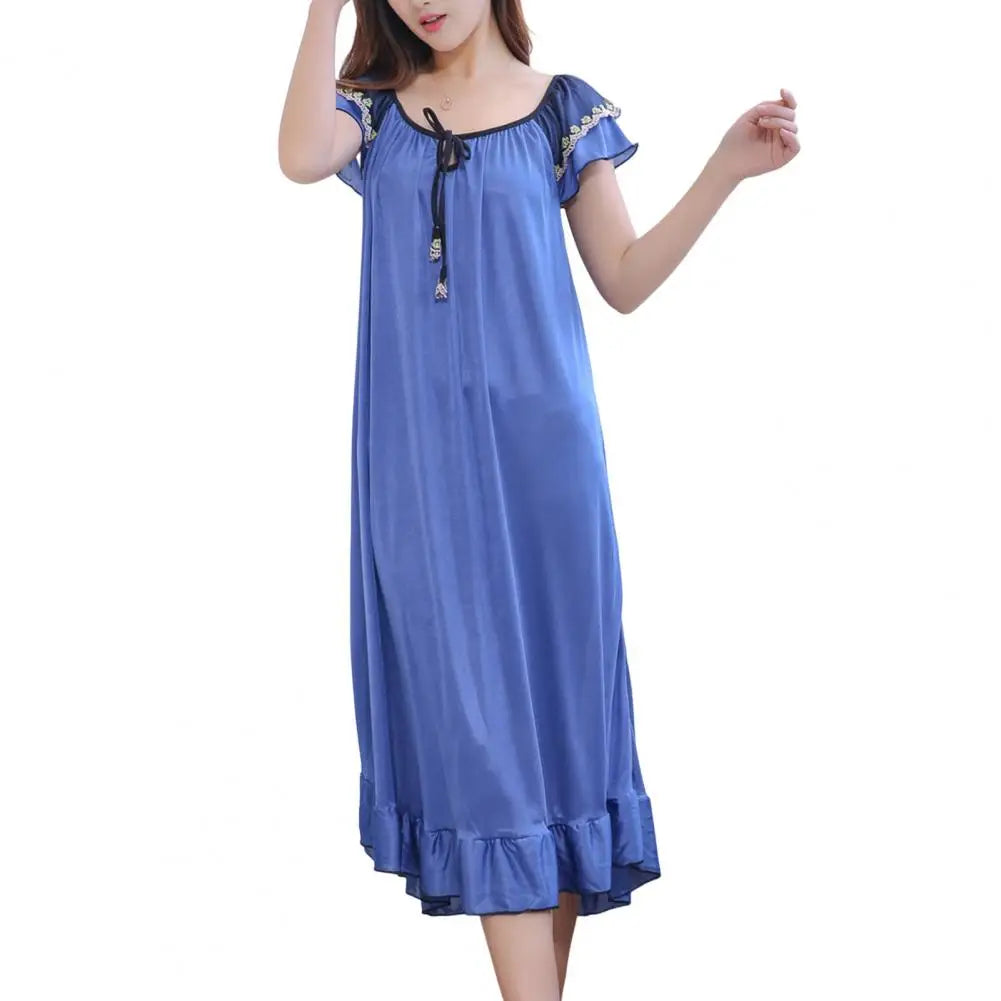 Sleeping Dress for Women Night Gowns Sleepwear Lace Long Sleeping Dress Casual Satin Ruffle Hem Summer Nightdress Pajama Dress