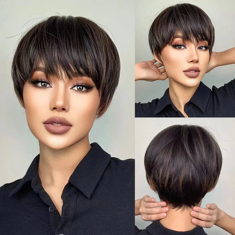 Short Pixie Cut Synthetic Wigs For Women Brown Mixed Blonde Wigs With Bangs Natural Looking Daily Use Hair Heat Resistant Fiber