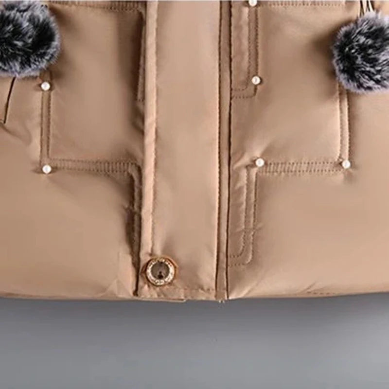 Winter Girls' New Nail Bead and Plush Thickened Waist Hair Collar Hooded Fashionable Windproof and Warm Cotton Jacket