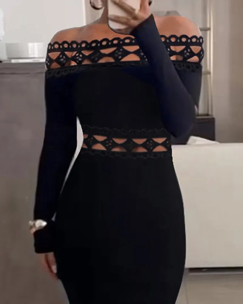 Evening Party Club Bodycon Maxi Dress for Women Spring Autumn Sexy Off Shoulder Lace Patch Long Sleeve Midi Dress