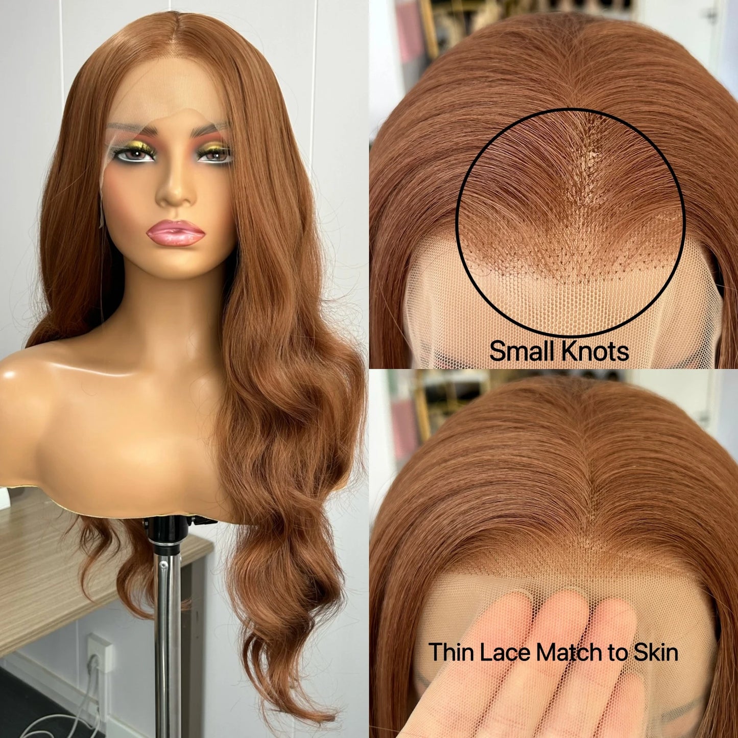 Ginger Brown Long Body Wave Synthetic Middle Part Natural Curly Loose Wavy Reddish Brown Heat Resistant Fiber Wigs for Women