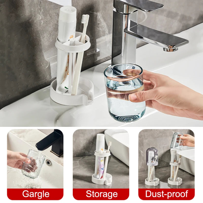 Household Bathroom 3-in-1 Toothbrush Holder Toothpaste Mouthwash Cup Organizer Dry And Dustproof Cleaning Tool Storage Rack