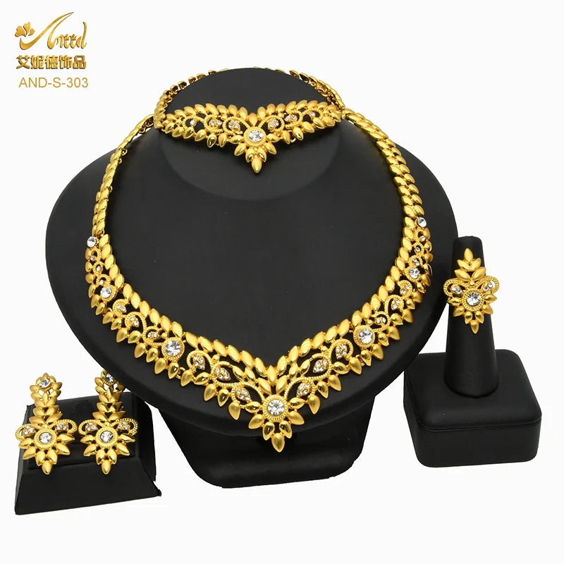 ANIID African Jewelery Sets Flower Earrings Choker Necklace Bracelet Hawaiian Indian Dubai Golden Jewelry For Women Accessories