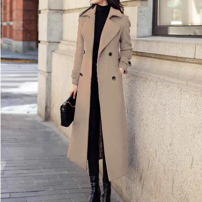 Winter Women's Coat Woolen Long Trench Outerwears Double-breasted Coats Belt Lapel Warm Streetwear Temperament Tops Jacket S-3XL