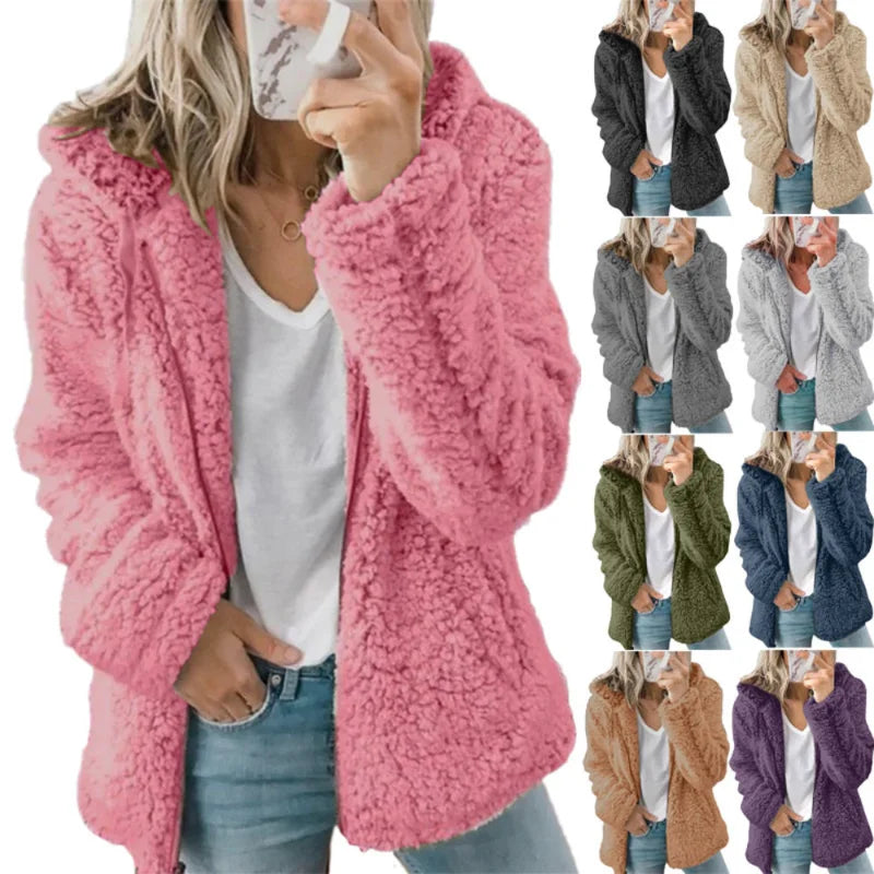 2025 Winter Clothes Women Elegant Bear Teddy Faux Fur Coat Thick Warm Soft Fleece Jacket Female Pocket Zipper Coat Veste Femme